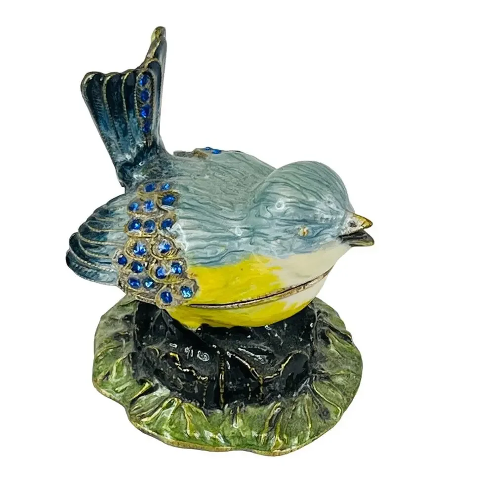 VTG Enameled Metal BLUE BIRD TRINKET BOX Crystal Rhinestone 3.2